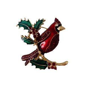 Vintage Napier Red Green Cardinal Bird Brooch Pin Gold Tone Signed Christmas